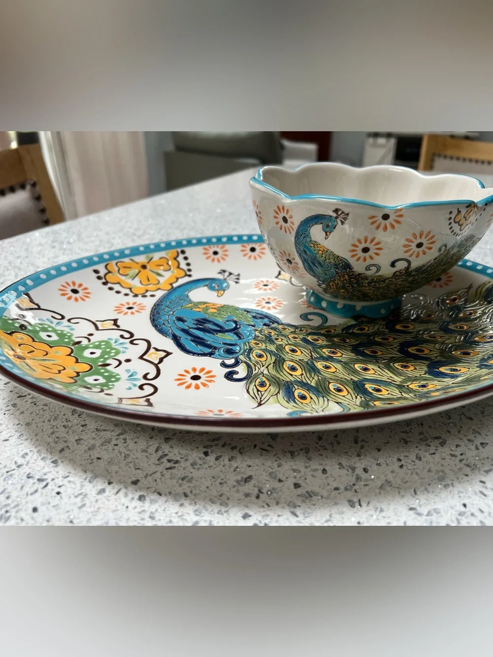 Artistic Accents Hand-Painted Platter & Bowl Peacock Coastline Imports EUC